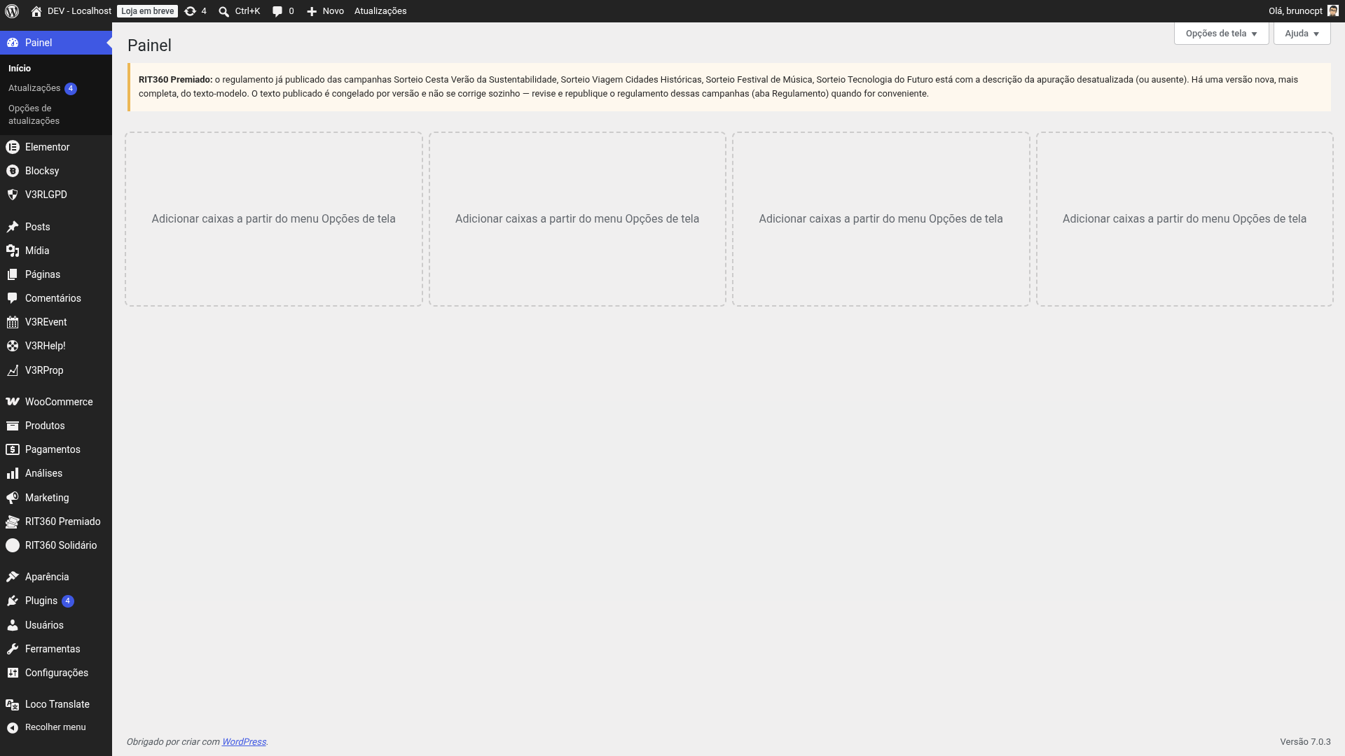 Aviso no painel do WordPress listando as campanhas a republicar