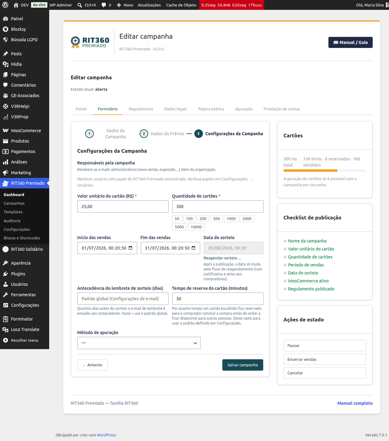 Etapa Configurações da Campanha