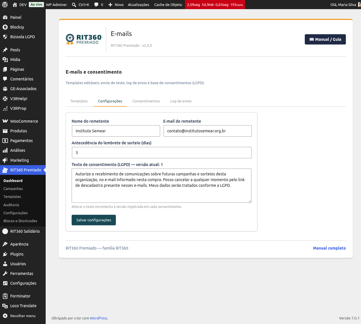 Aba Configurações de e-mail