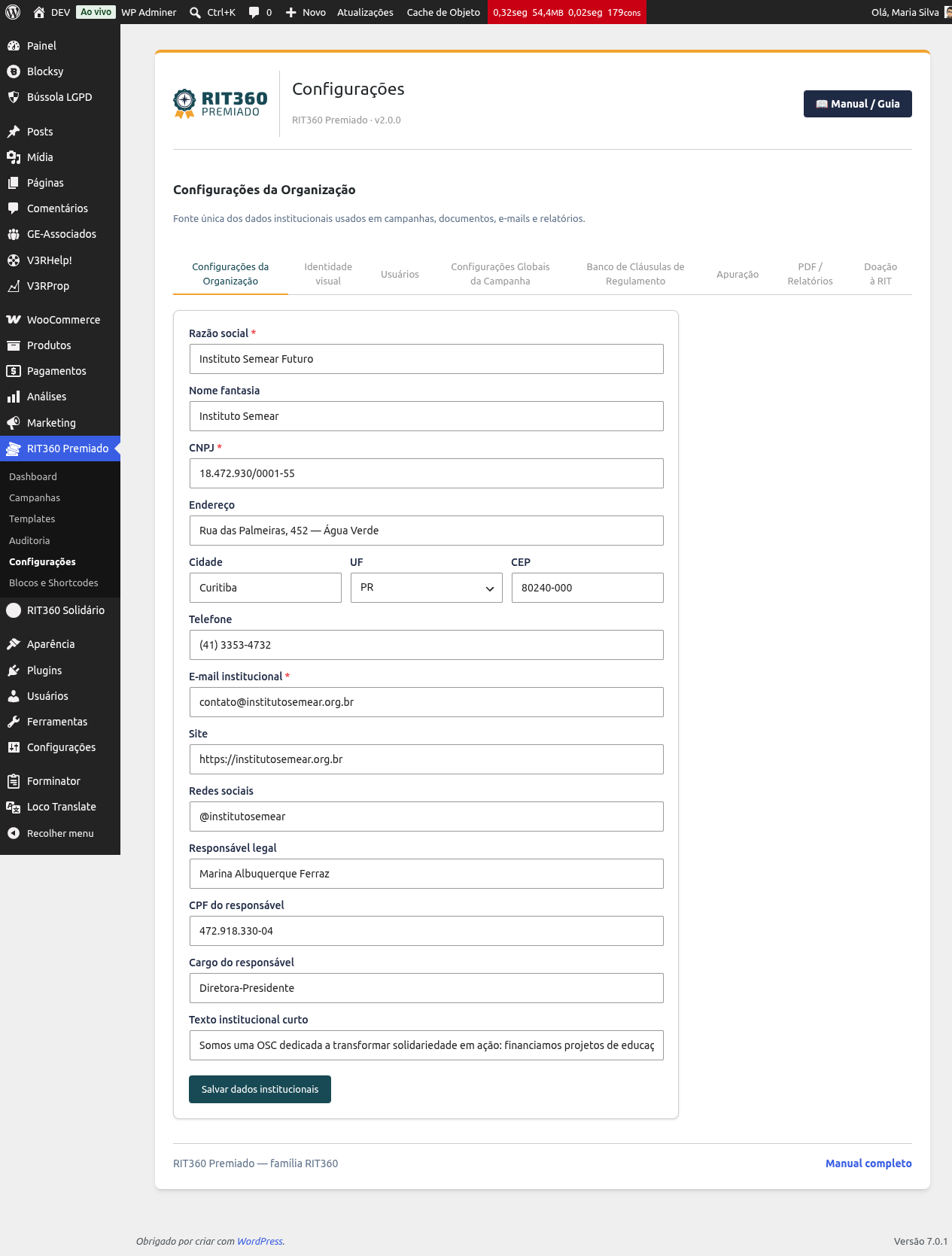 Aba Configurações da Organização