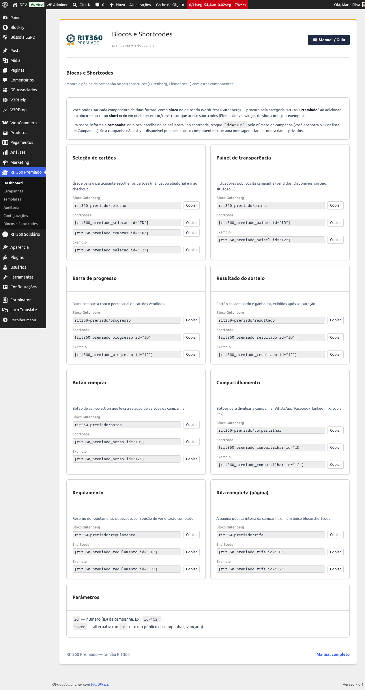 Página Blocos e Shortcodes no admin