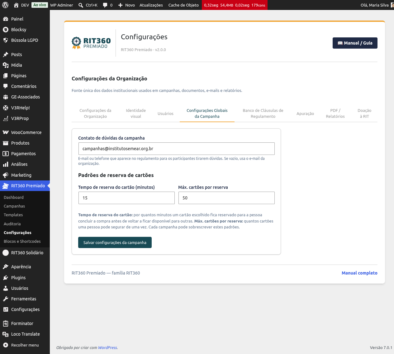 Aba Configurações Globais da Campanha