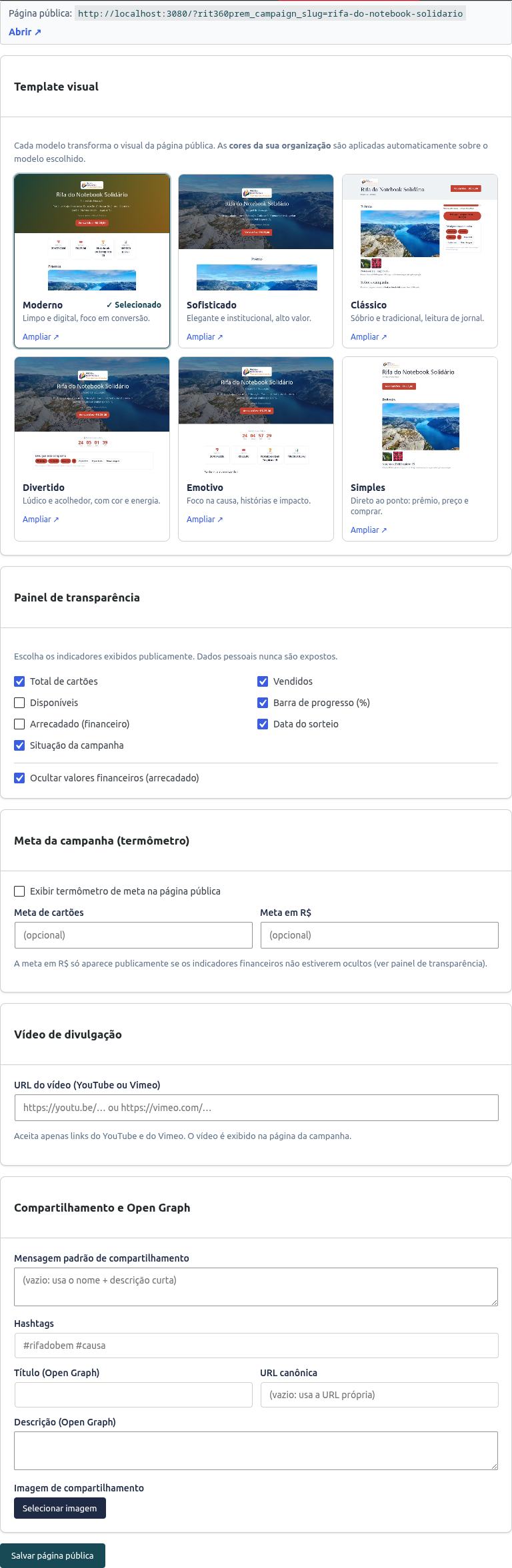 Configuração da meta e do vídeo na aba Página pública