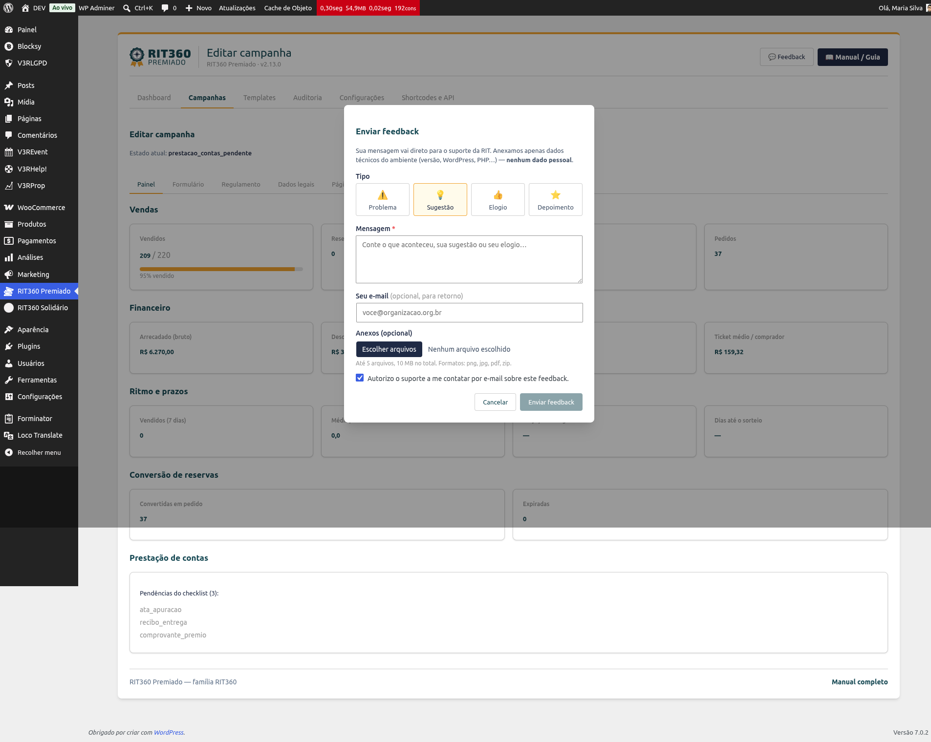 Botão e modal de feedback
