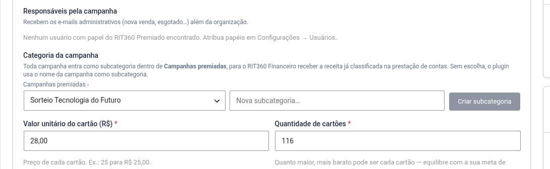 Campo Categoria da campanha, com a hierarquia Campanhas premiadas e o seletor de subcategoria