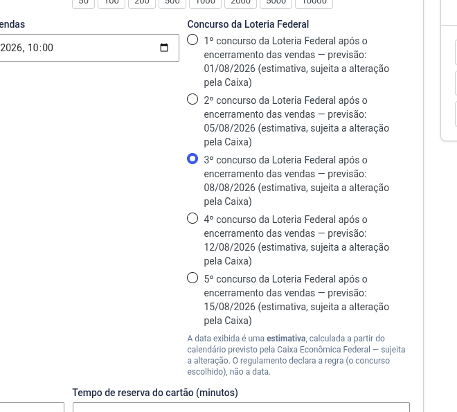 Seletor de concurso da Loteria Federal, com a previsão de cada opção