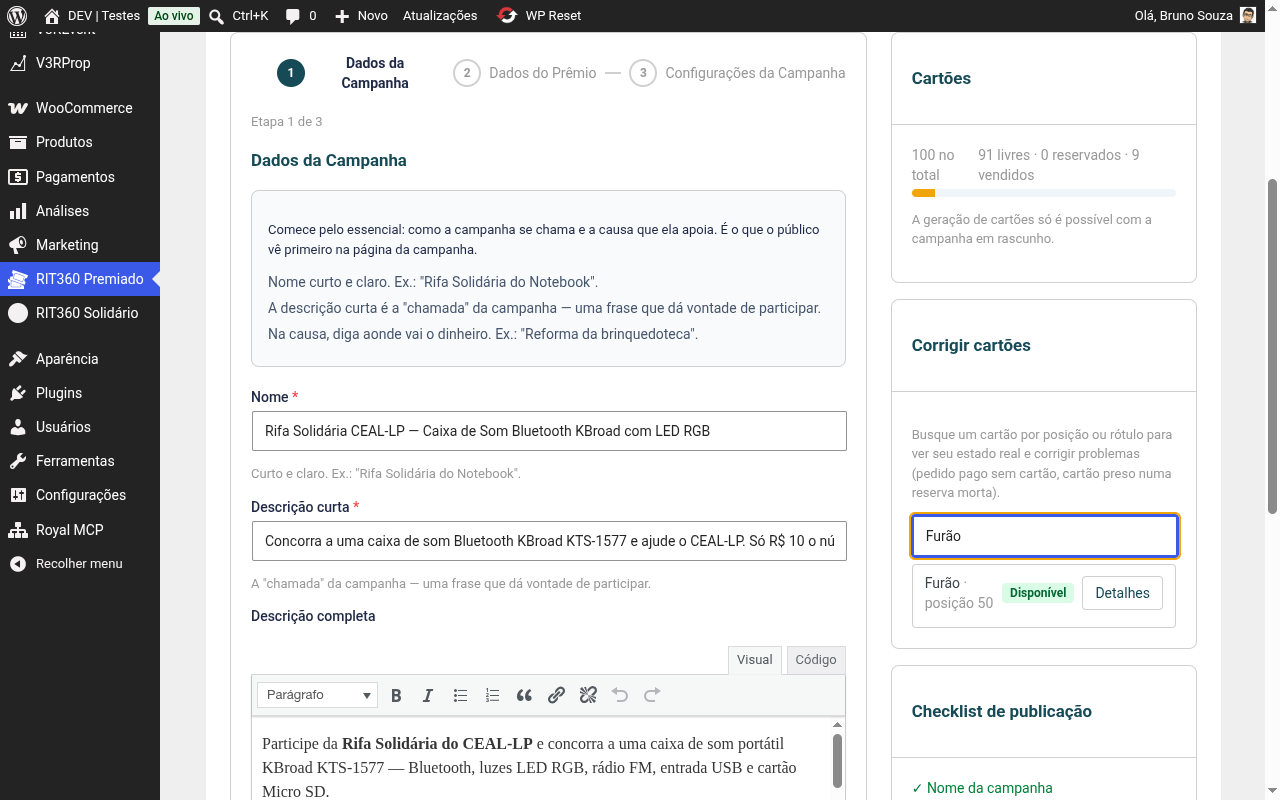 Painel Corrigir cartões na tela da campanha