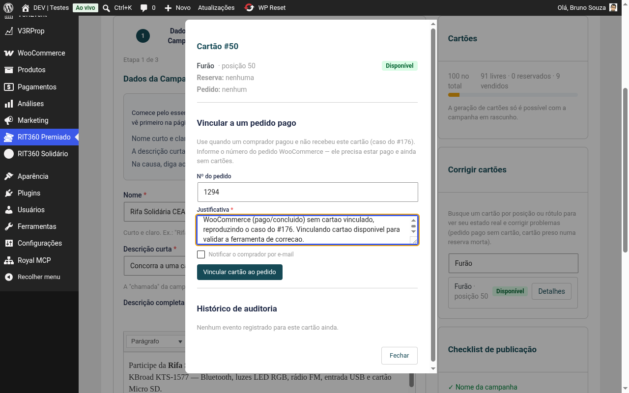 Formulário de vínculo preenchido, com a justificativa