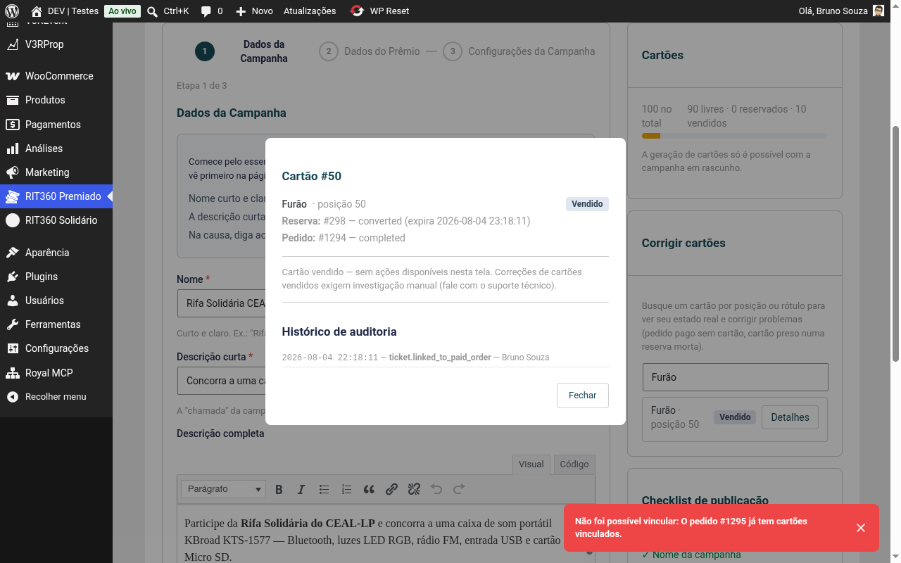 Cartão vendido logo após o vínculo, com o registro no histórico