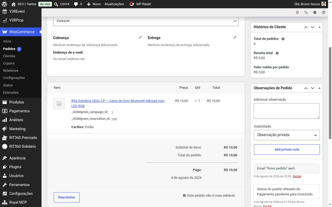 Pedido do WooCommerce exibindo a linha Cartões