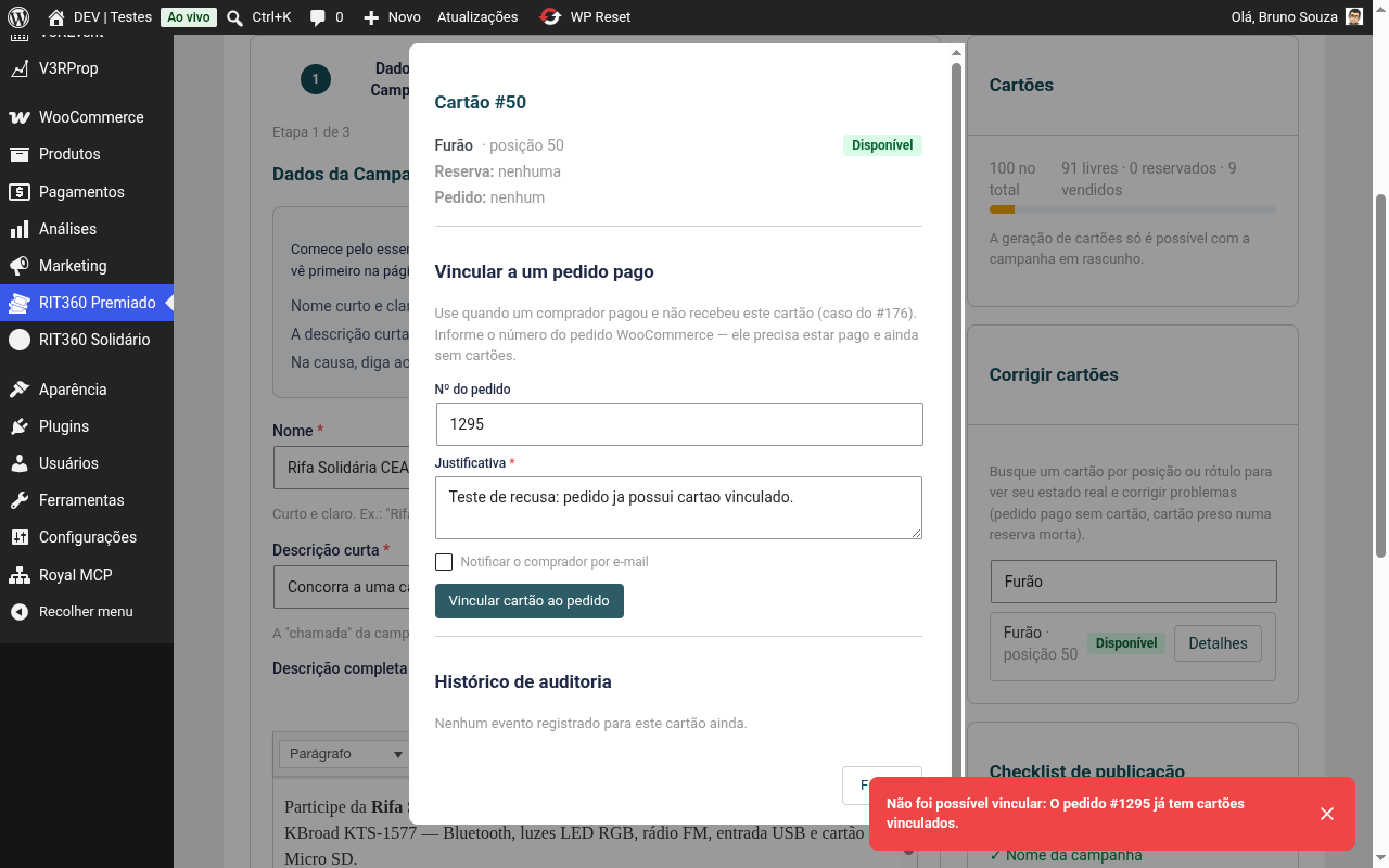 Mensagem de recusa: o pedido já tem cartões vinculados