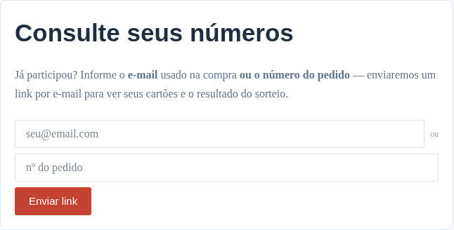 Seção "Consulte seus números" na página pública da campanha