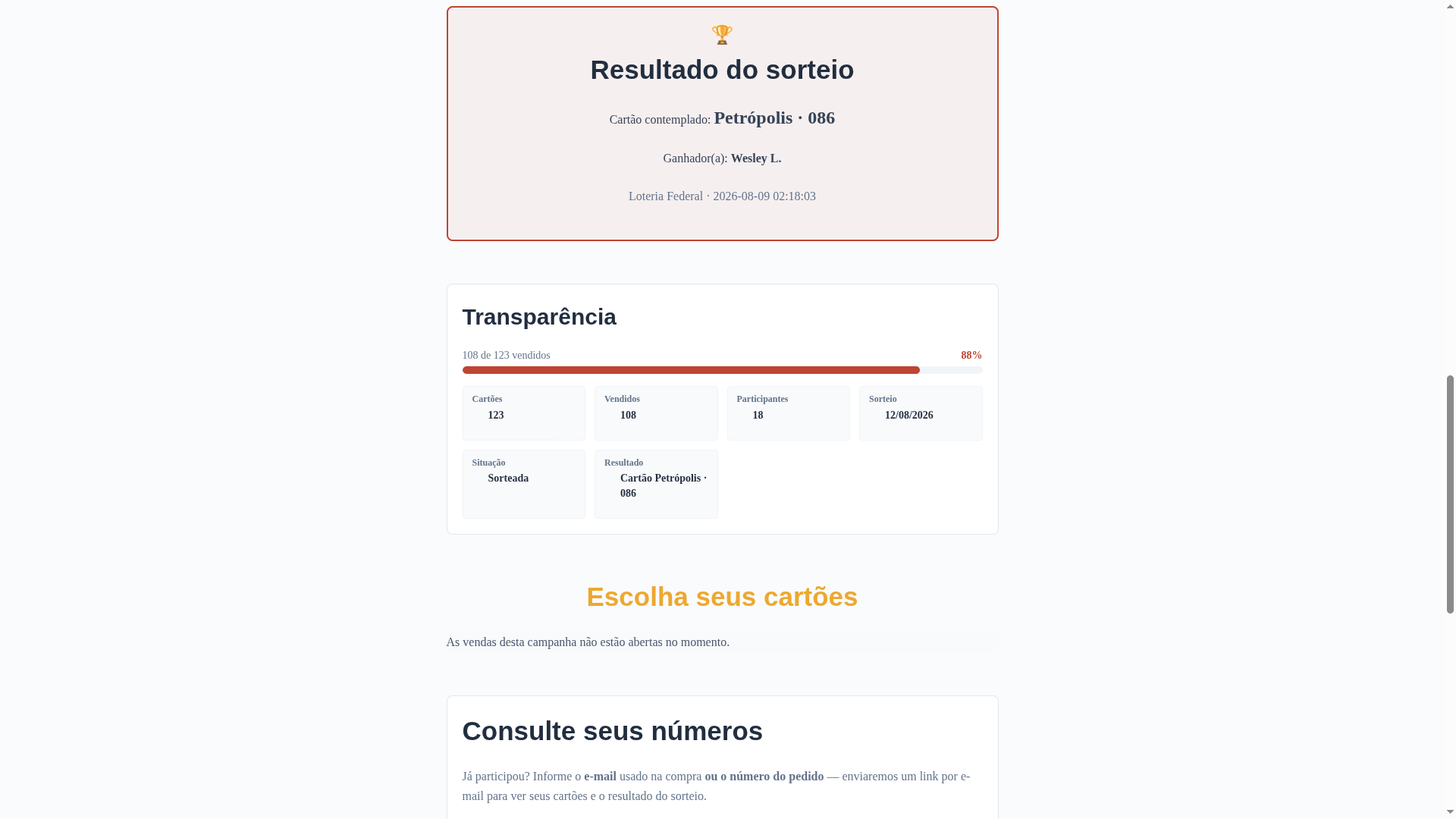 Painel de transparência na página pública, com Participantes e Resultado