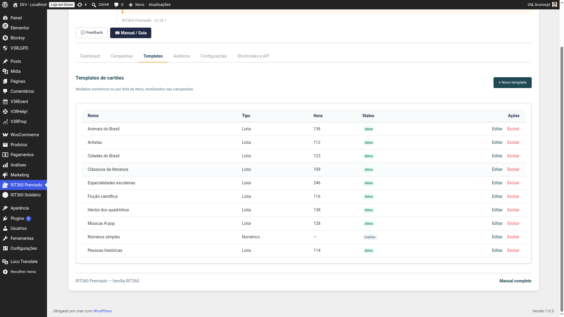 Templates com status Ativo e Inativo
